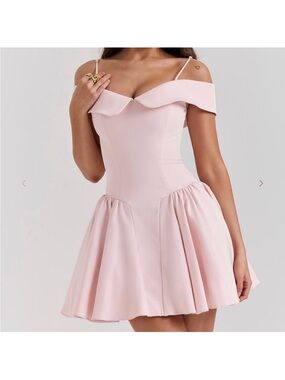 House of CB Blush Pink Off-Shoulder Fit & Flare Mini Dress